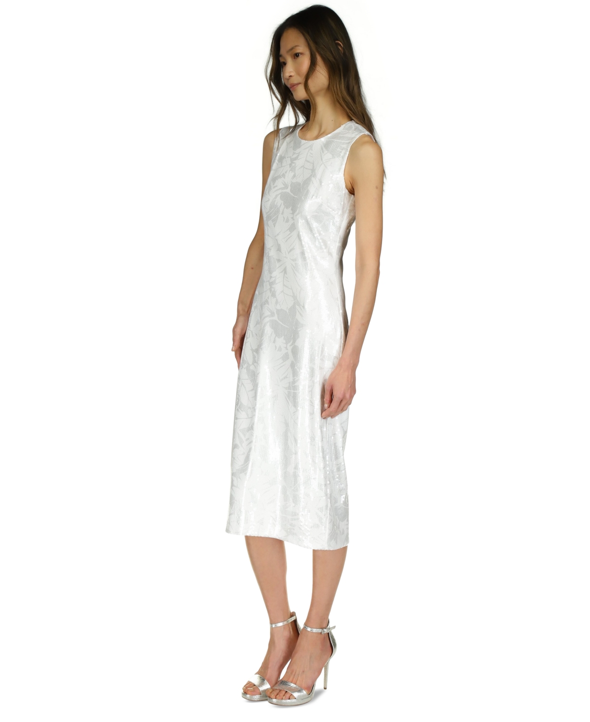 Shop Michael Kors Michael  Women's Sequined Sleeveless Midi Dress In Silver