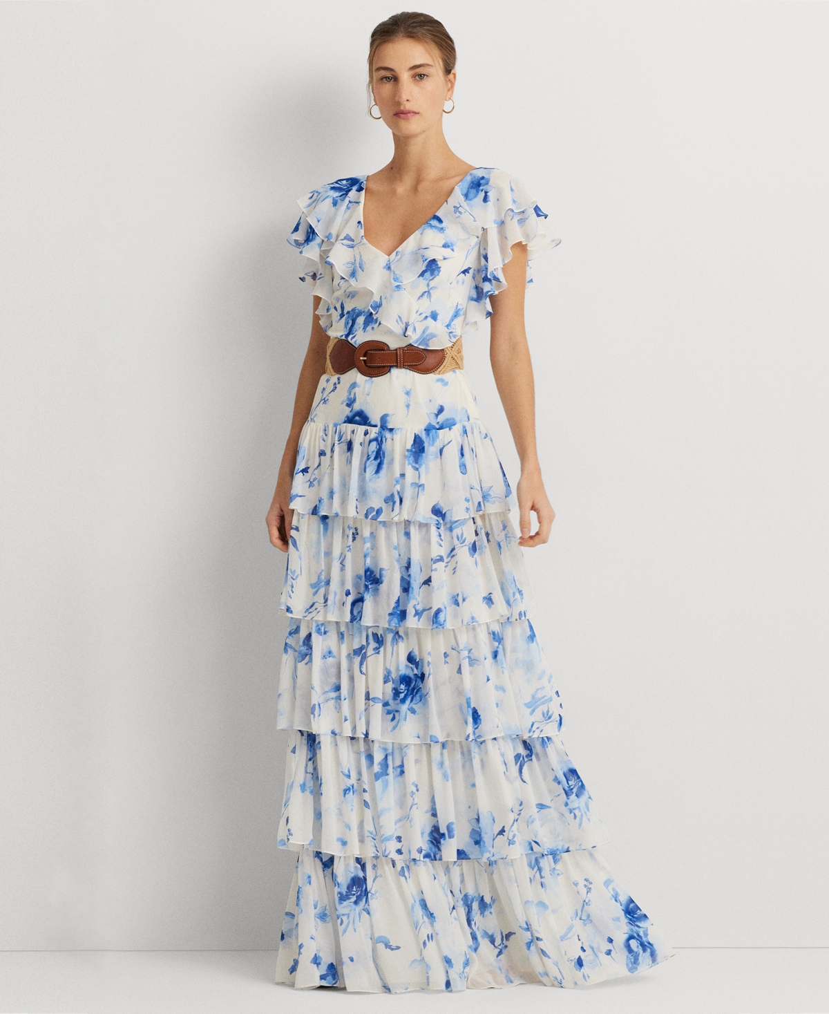 Women's Belted Tiered Floral Gown - White Multi