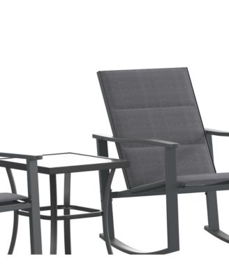 Brevyn 3 Piece Outdoor Bistro Set With Flex Comfort Rocking Chairs And Steel Framed Glass Top Table