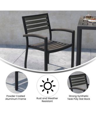 Set Of Two Aluminum Stacking Chairs With Faux Teak Slatted Back And Seat And Faux Teak Accented Arms