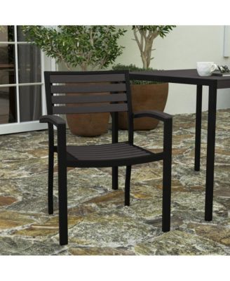 Set Of Two Aluminum Stacking Chairs With Faux Teak Slatted Back And Seat And Faux Teak Accented Arms