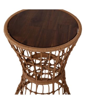Ari All-Weather Faux Rattan Rope Patio Table With Acacia Wood Top For Indoor And Outdoor Use
