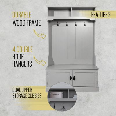 Hall Tree With Double Door Entryway Storage Bench, 4 Hook Coat Rack, Top Storage Cubbies