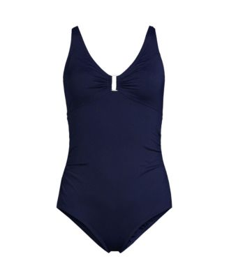 Women's Chlorine Resistant Shirred V-neck One Piece Swimsuit