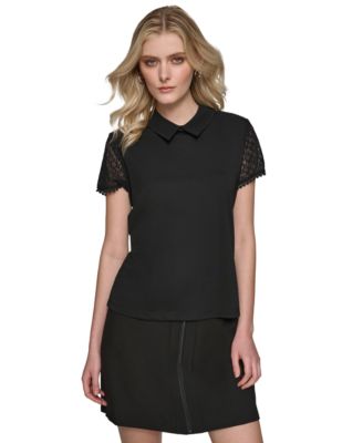 KARL LAGERFELD PARIS Women s Collared Lace Trim Top Macy s