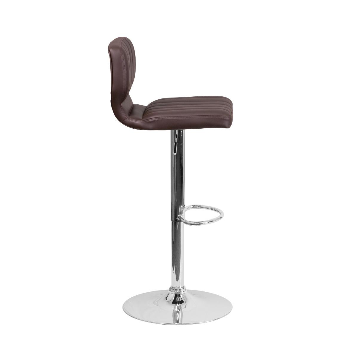 Set Of Two Swivel Bar Stools With Vertical Stitched Back And Adjustable Chrome Base With Footrest