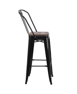 Dothan Metal Dining Stool With Curved Slatted Back And Textured Wood Seat