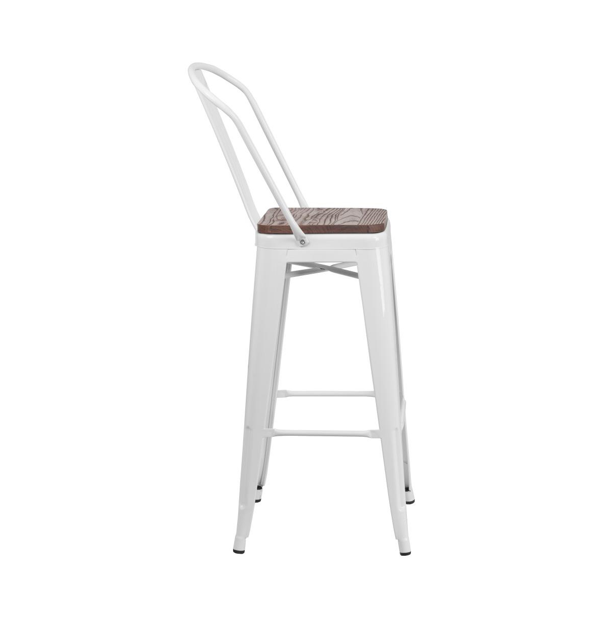 Merrick Lane Donnelly Metal Dining Stool With Curved Slatted Back And Textured Wood Seat
