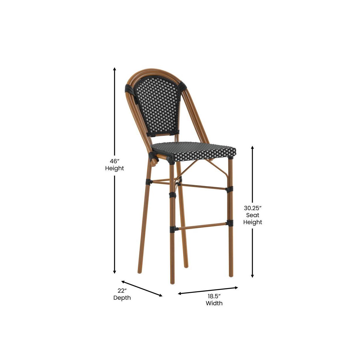 Merrick Lane Sacha Set Of Two Stacking Bistro Bar Stools With Pe Seats And Backs And Metal Frames For Indoor/Outdoor Use - Black  white/natural frame