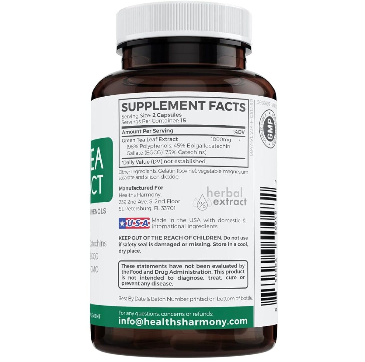 Healths Harmony Green Tea Extract Capsules, Natural Metabolism Boost - Leaf Polyphenol Catechins - Antioxidant Supplement, Health's Harmony, 30ct