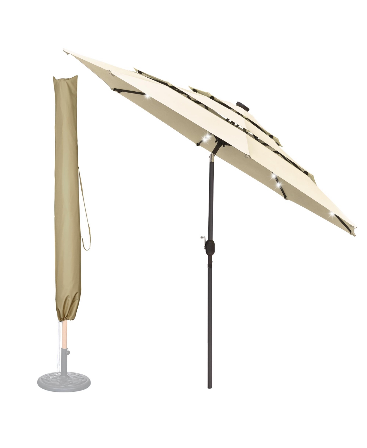 11 Ft 3 Tier Patio Umbrella with Protective Cover Solar Led Crank & Tilt Outdoor - Beige  tan