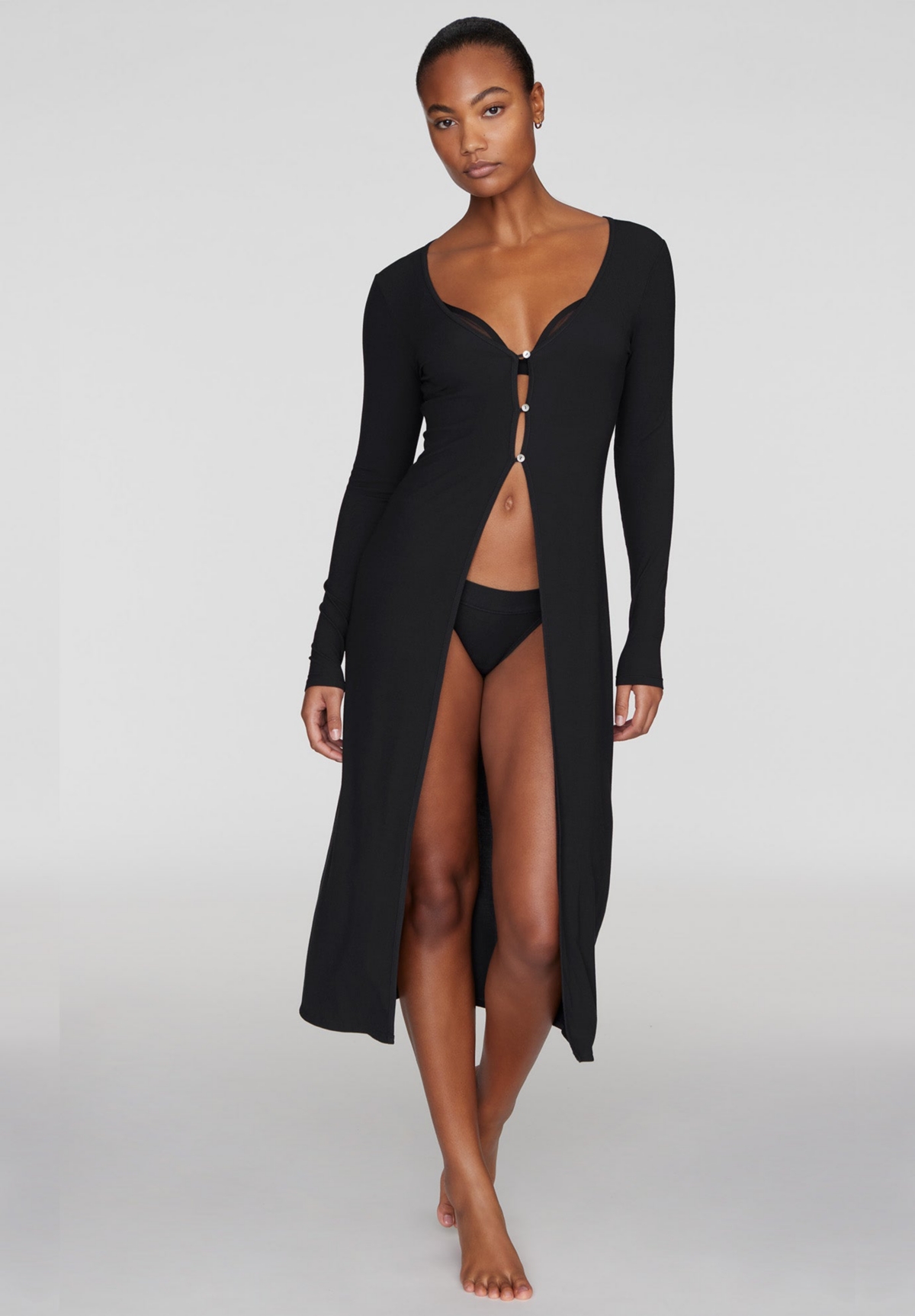 The Long Button Cardigan - Modal Silk Rib - Black