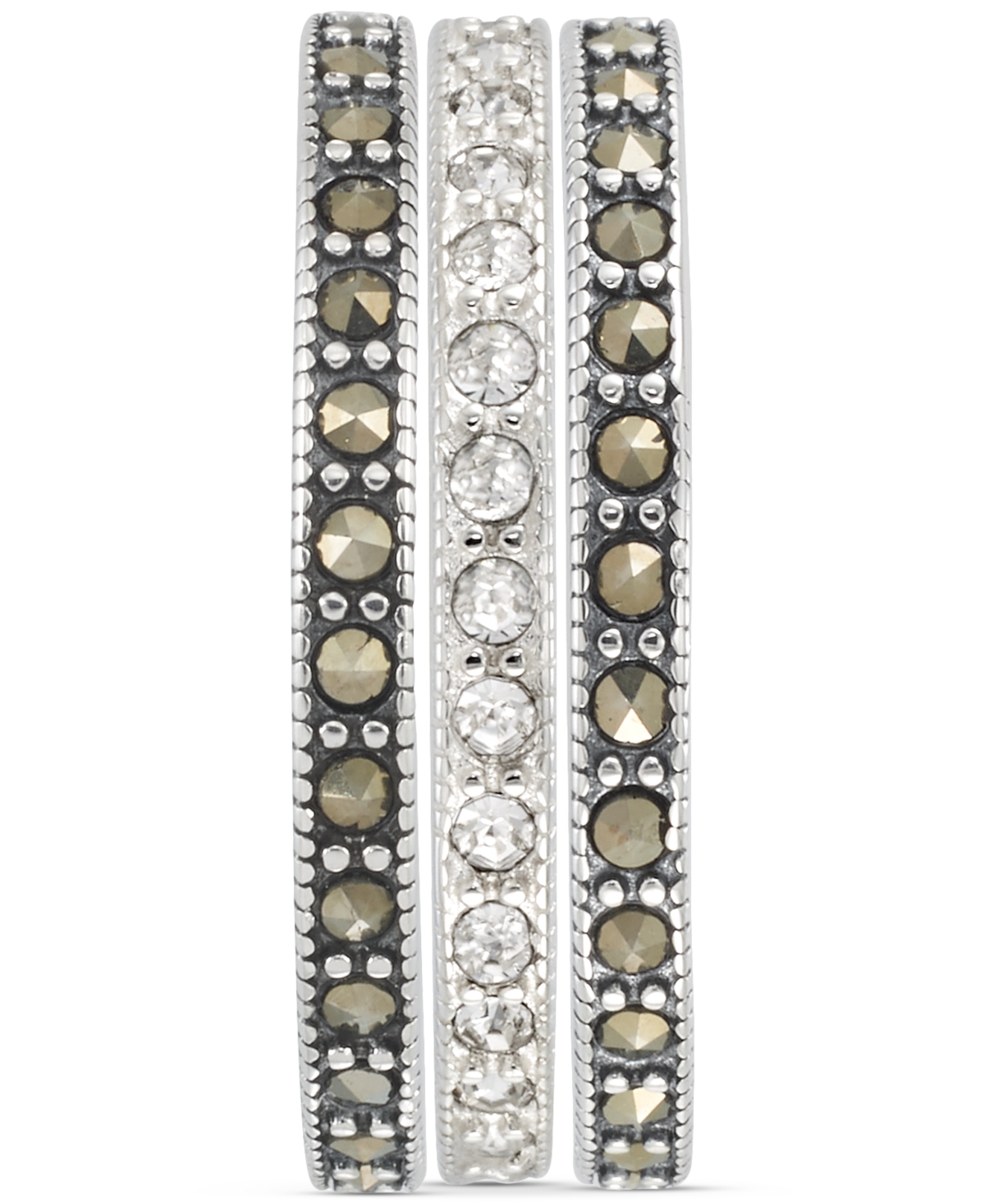 Macy's 3-pc. Set Marcasite (7/8 Ct. T.w.) & Crystal Stack Rings In Sterling Silver In Marcasite