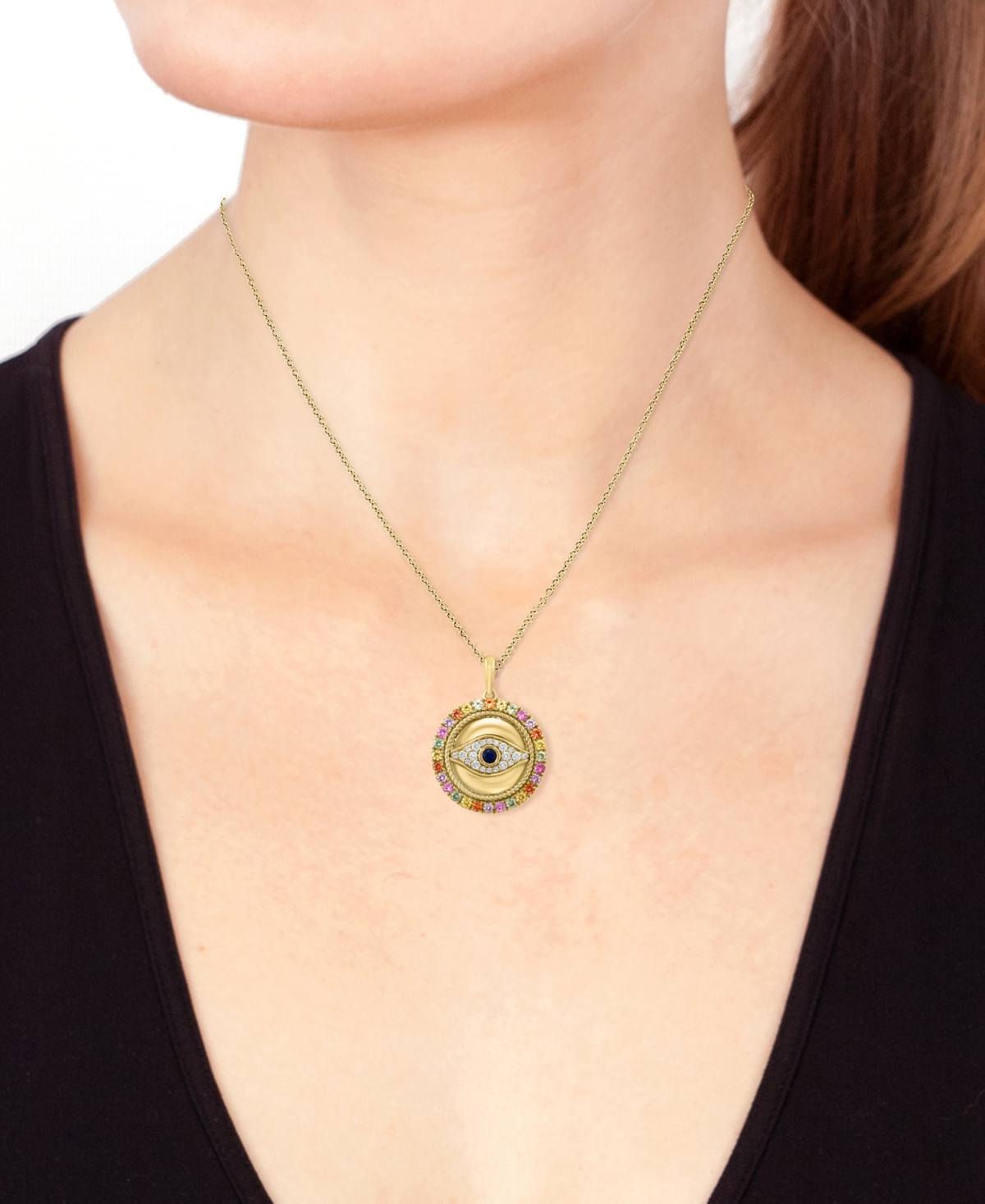 EFFY COLLECTION EFFY MULTI-SAPPHIRE (7/8 CT. T.W.) & DIAMOND (1/6 CT. T.W.) EVIL EYE 18" PENDANT NECKLACE IN 14K GOL 