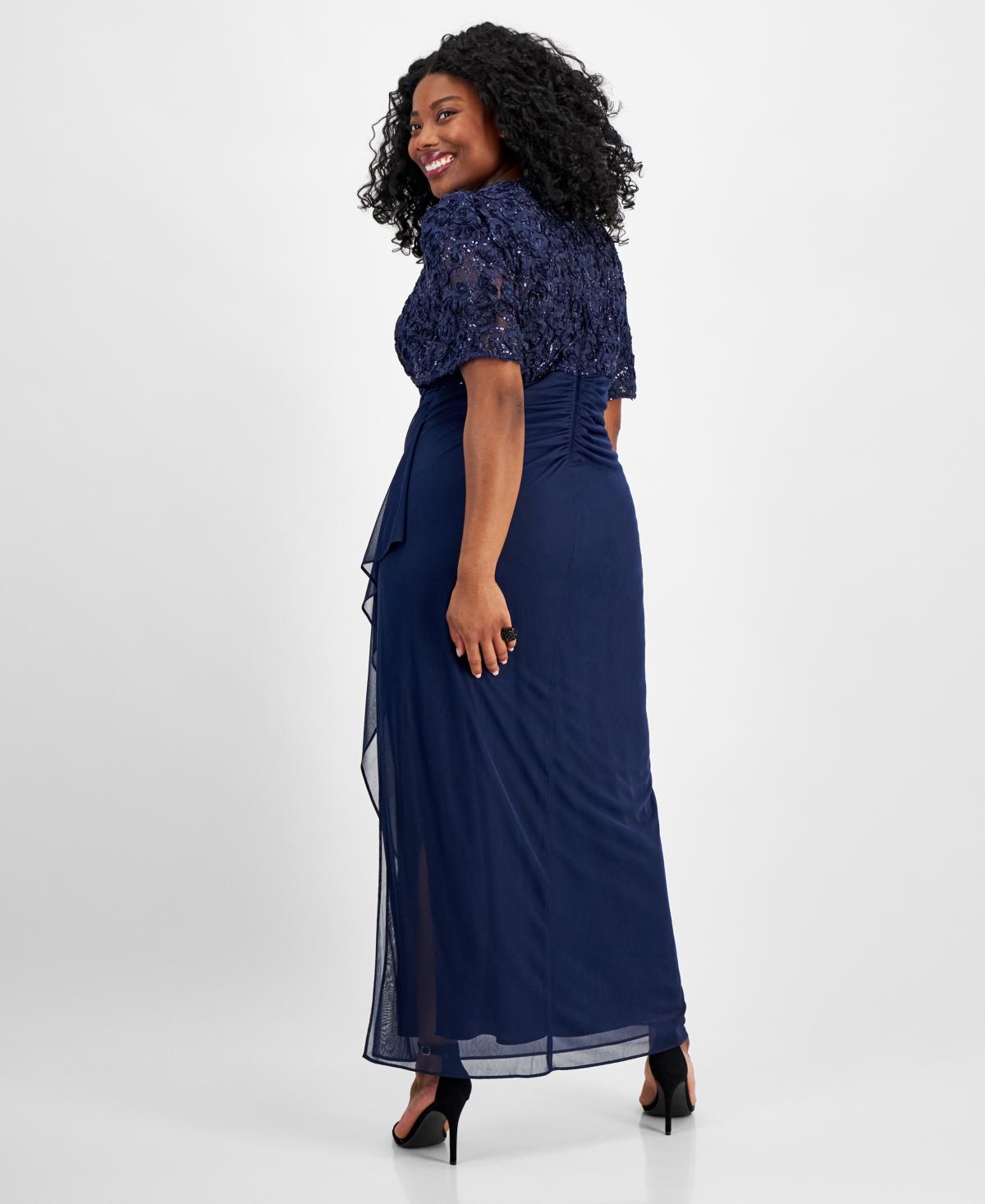Alex Evenings Plus Size Soutache Embellished Short-sleeve Gown In Navy