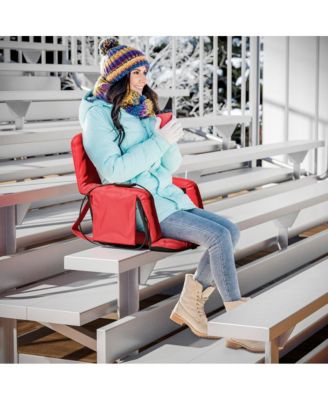 heated reclining with armrests, padded polyester, portable stadium chair with dual pockets and backpack straps.