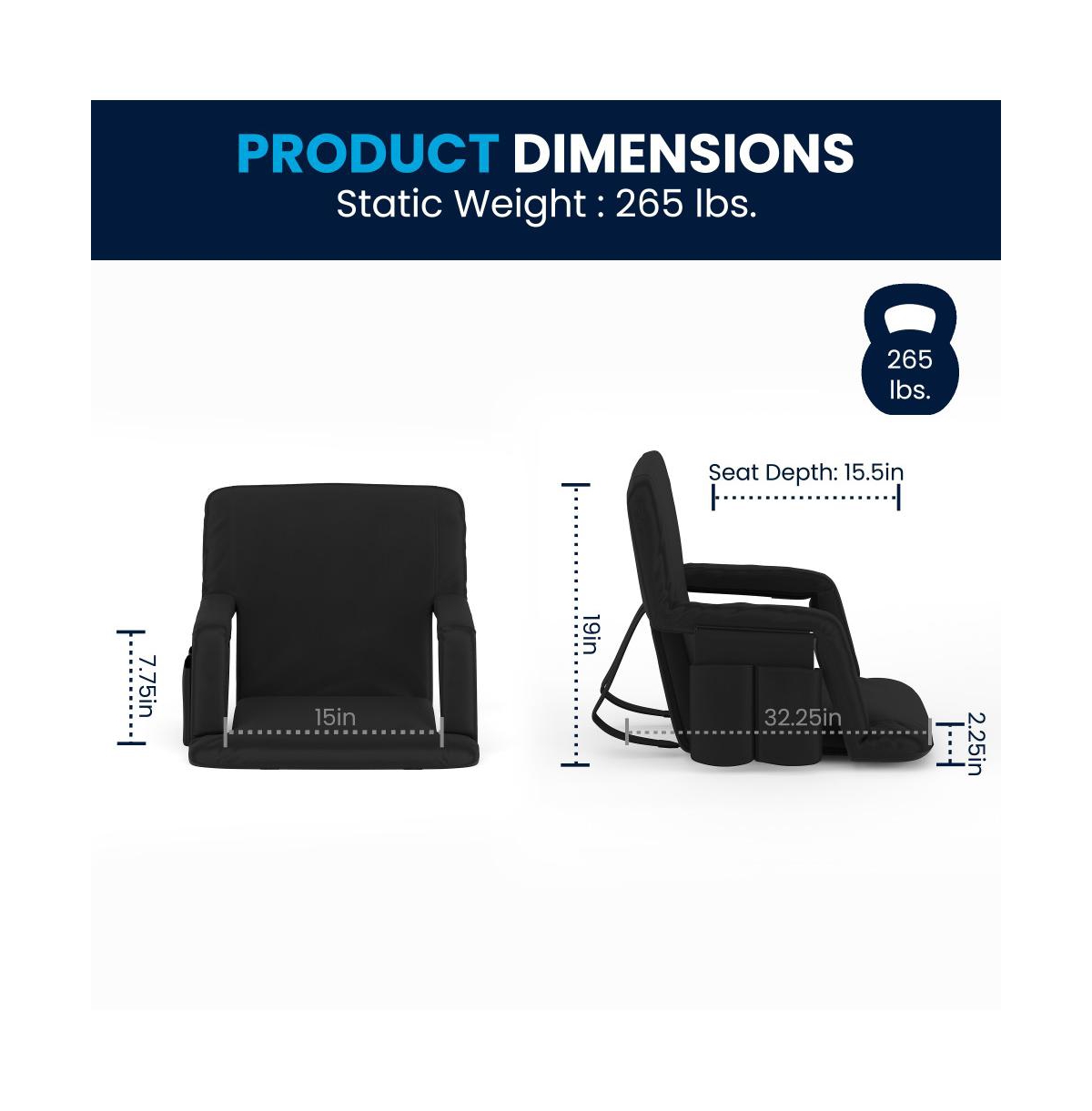 Portable Stadium Chair With Armrests, Reclining Padded Back & Seat, Lightweight Metal Frame & Backpack Straps, Storage Pockets