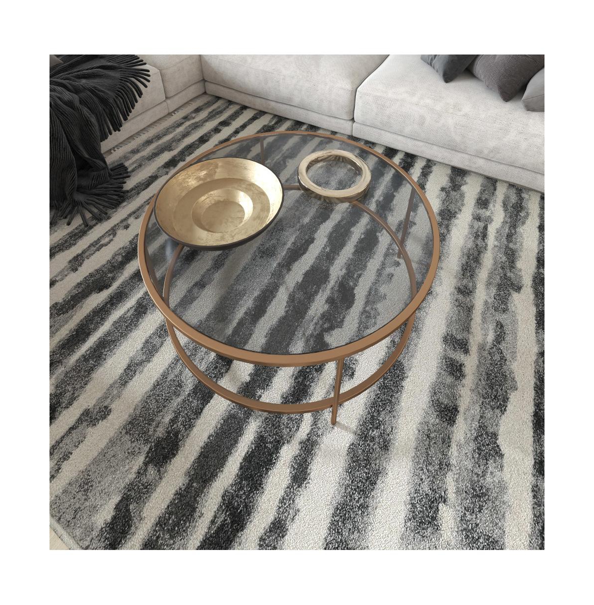 Merrick Lane Newbury Glass Coffee Table With Round Matte Frame And Vertical Legs -brushed gold