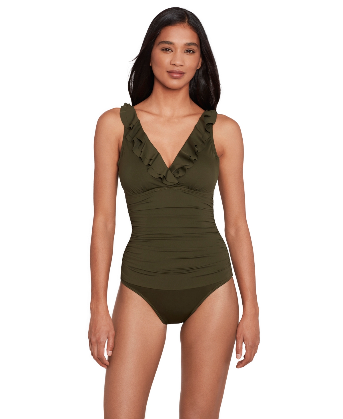 Ralph Lauren Ruffle Surplice One Piece Swimsuit In Olive