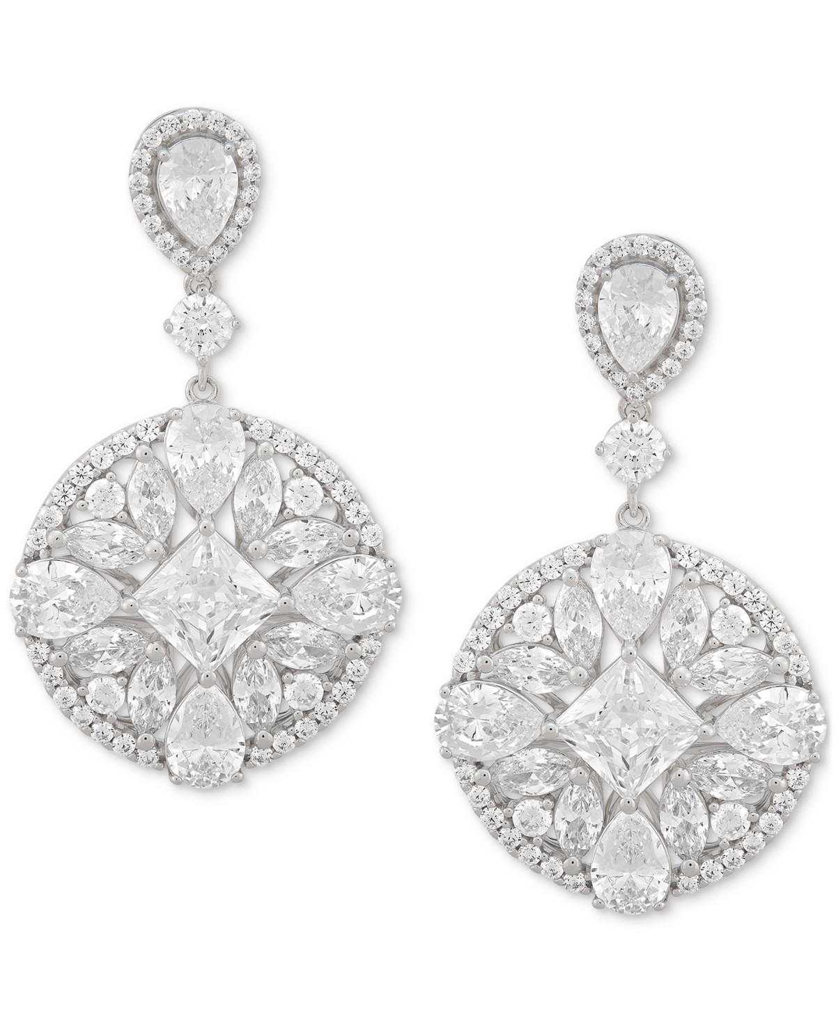 Arabella Cubic Zirconia Mixed Cut Circle Cluster Drop Earrings In Sterling Silver In Silver