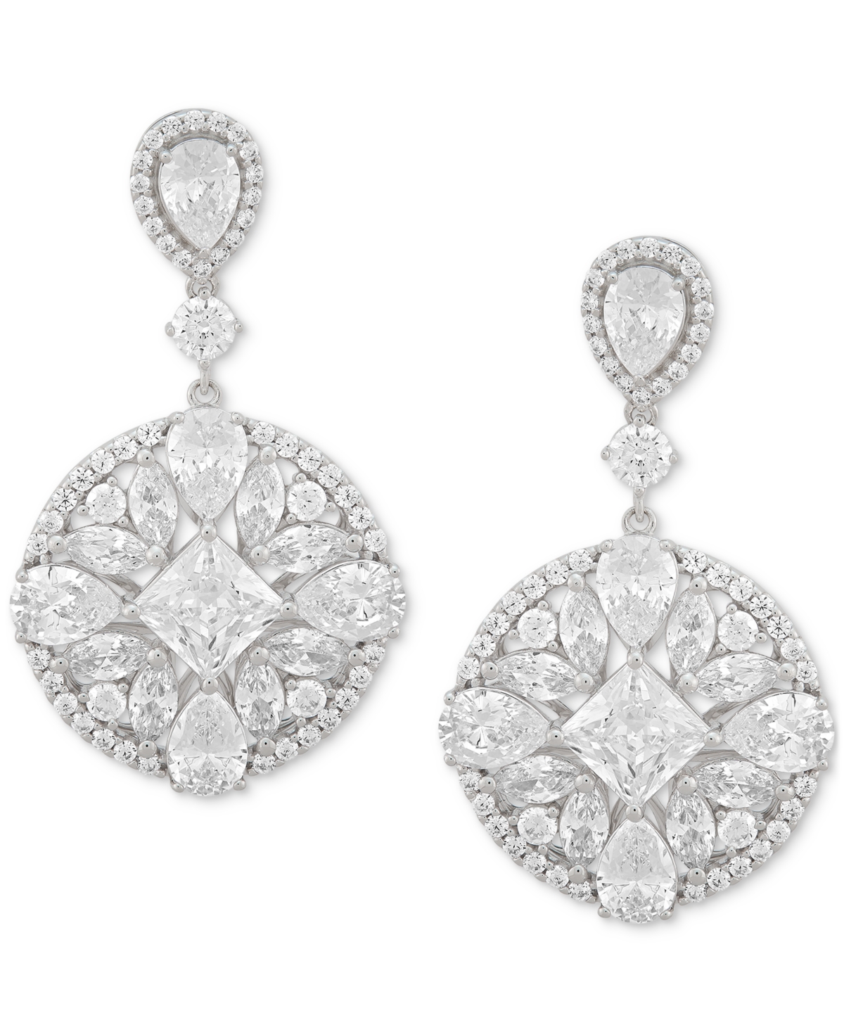 Shop Arabella Cubic Zirconia Mixed Cut Circle Cluster Drop Earrings In Sterling Silver