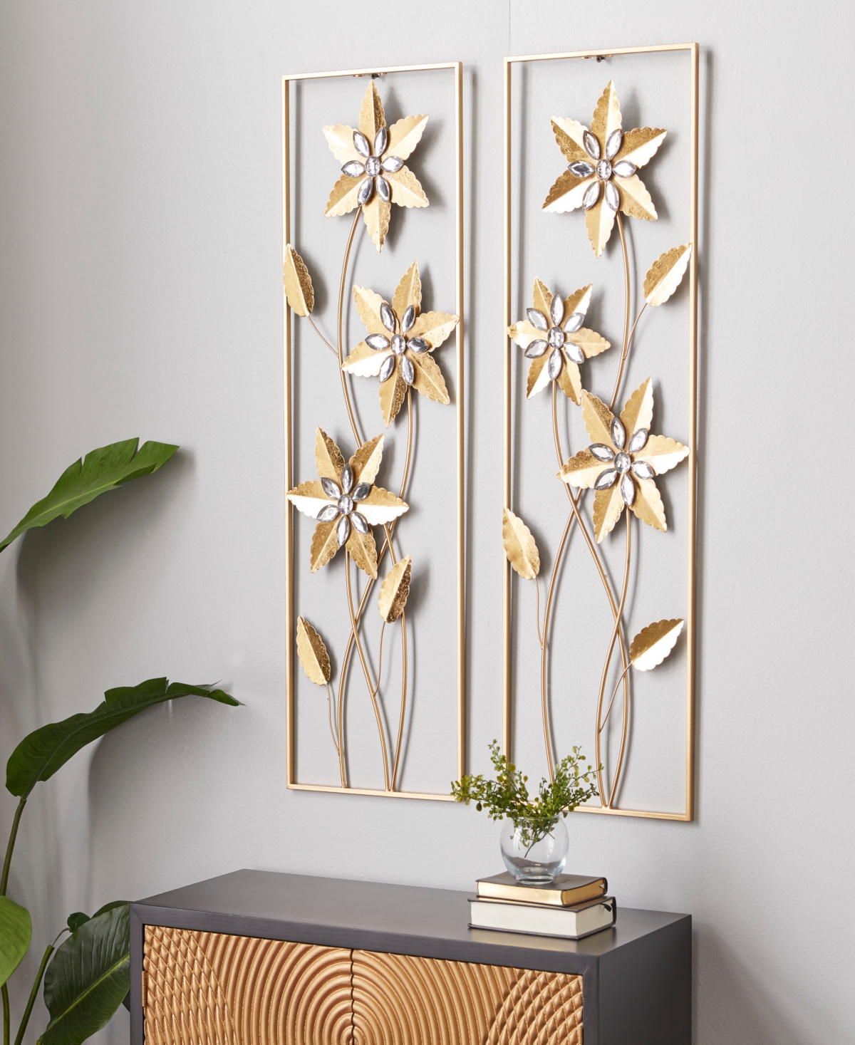 Rosemary Lane Gold Metal Floral Wall Decor With Gold Frame Set Of 2 12"w, 36"h In Gold