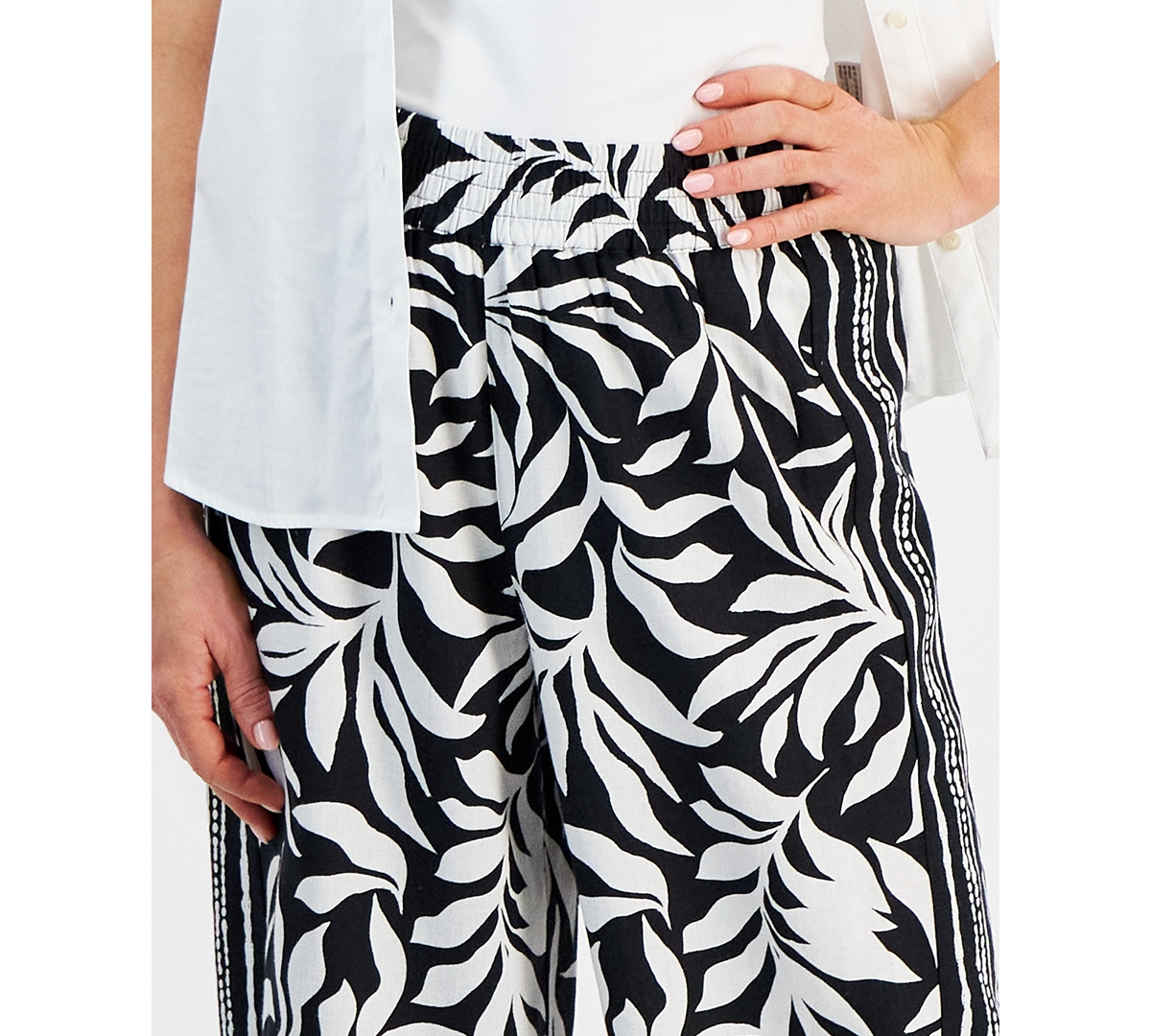 Style & Co Petite Printed Mid Rise Cropped Wide Leg Linen-Blend Pants, Created for Macy's