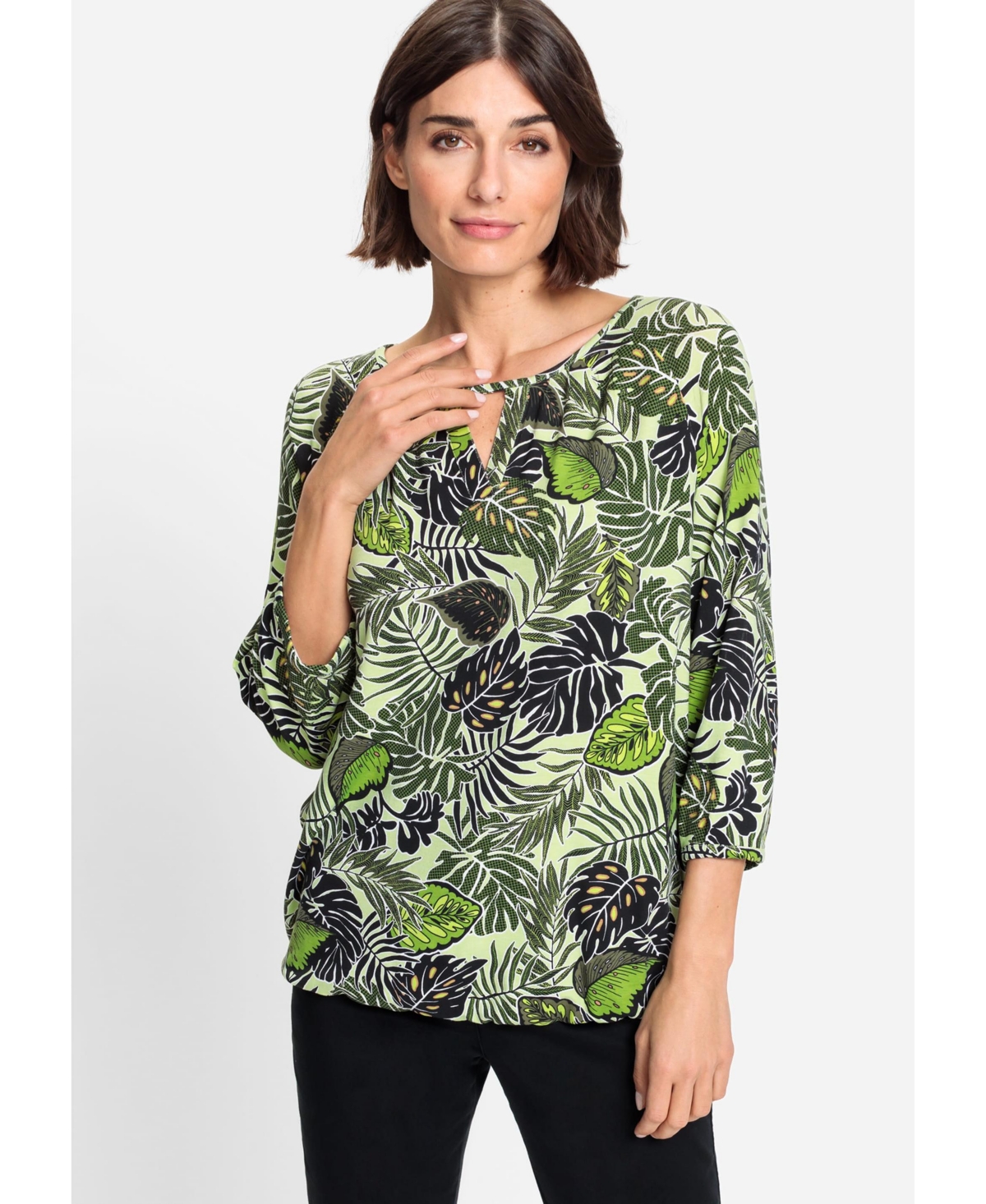 Women's Cotton Blend 3/4 Sleeve Leaf Print T-Shirt containing Tencel[Tm} Modal - Light lime