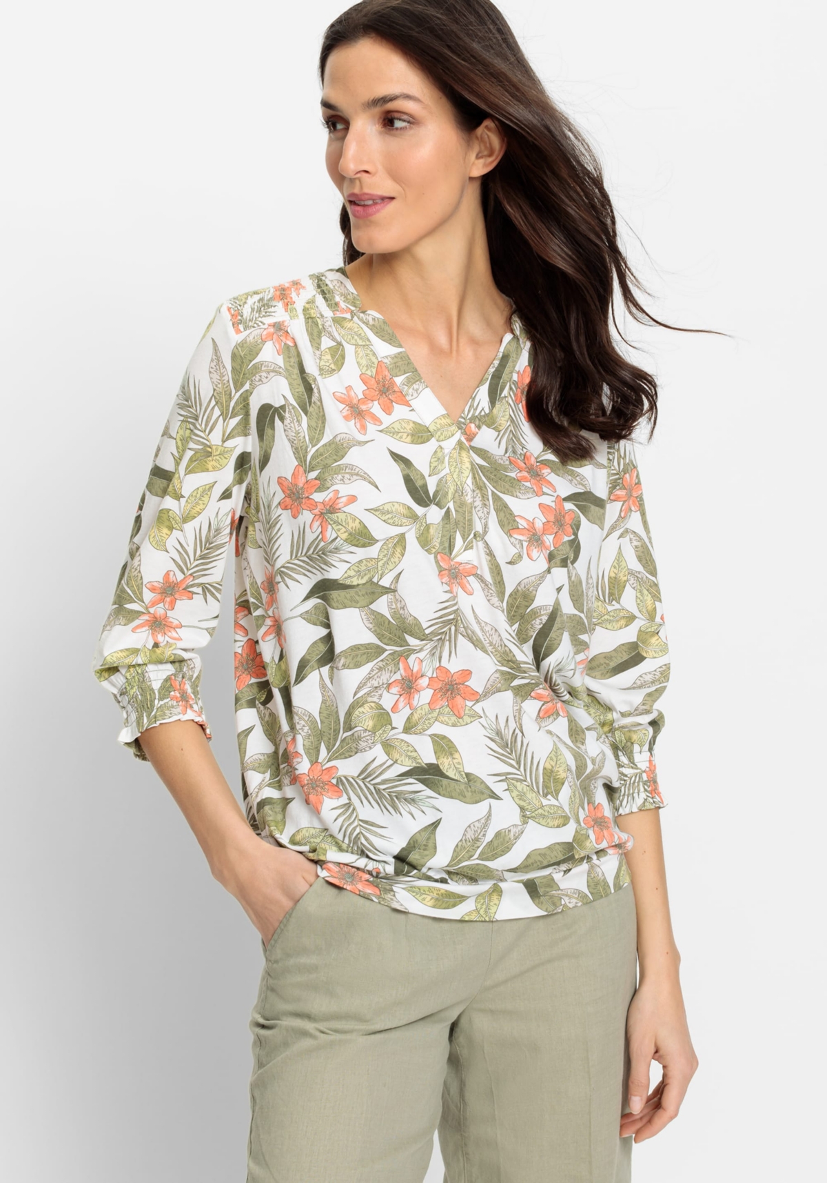 Women's Cotton Blend 3/4 Sleeve Tropic Jungle Print T-Shirt containing Tencel[Tm] Modal - Light khaki