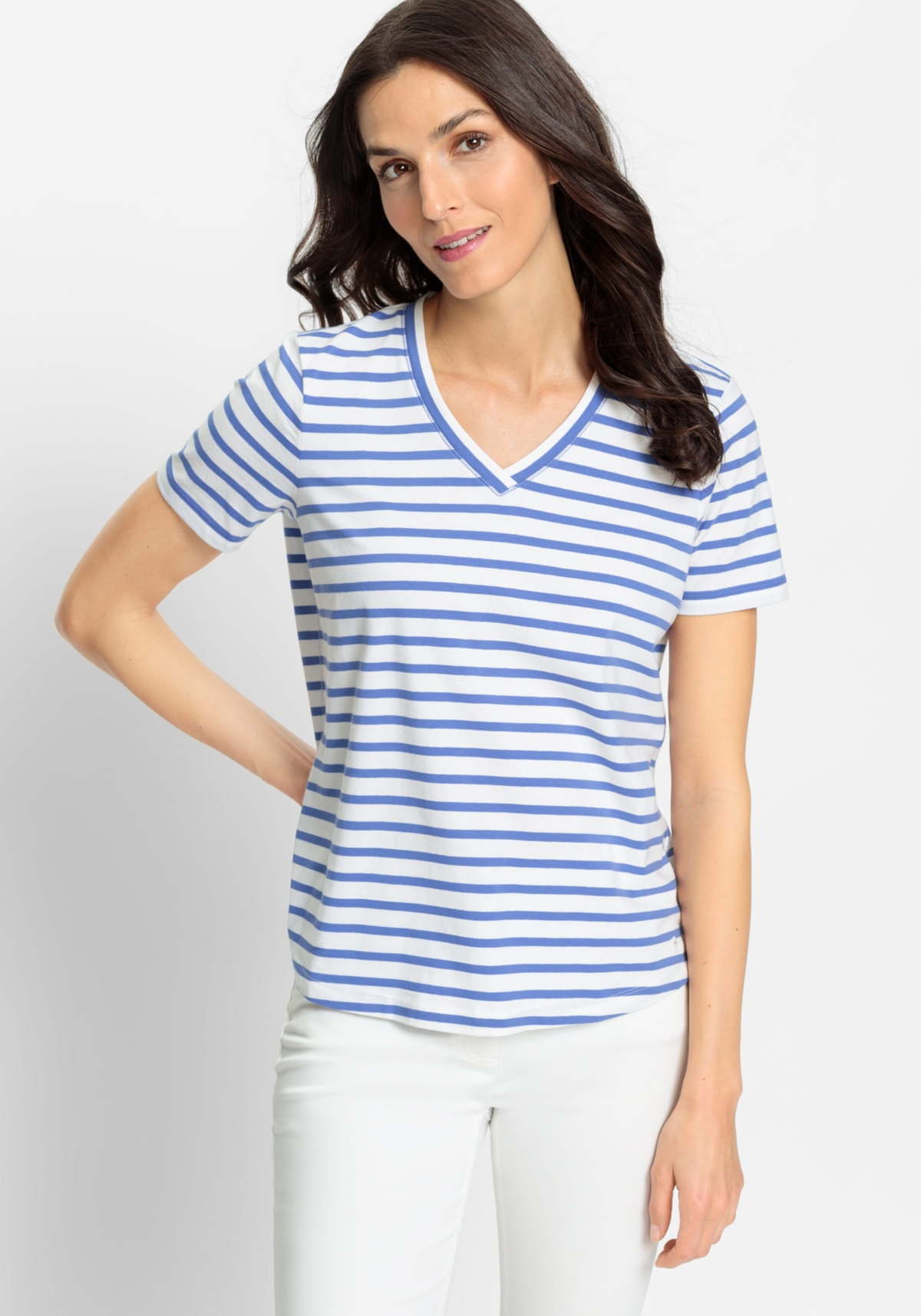Women's Cotton Blend Short Sleeve Striped V-Neck T-Shirt - Bleached denim