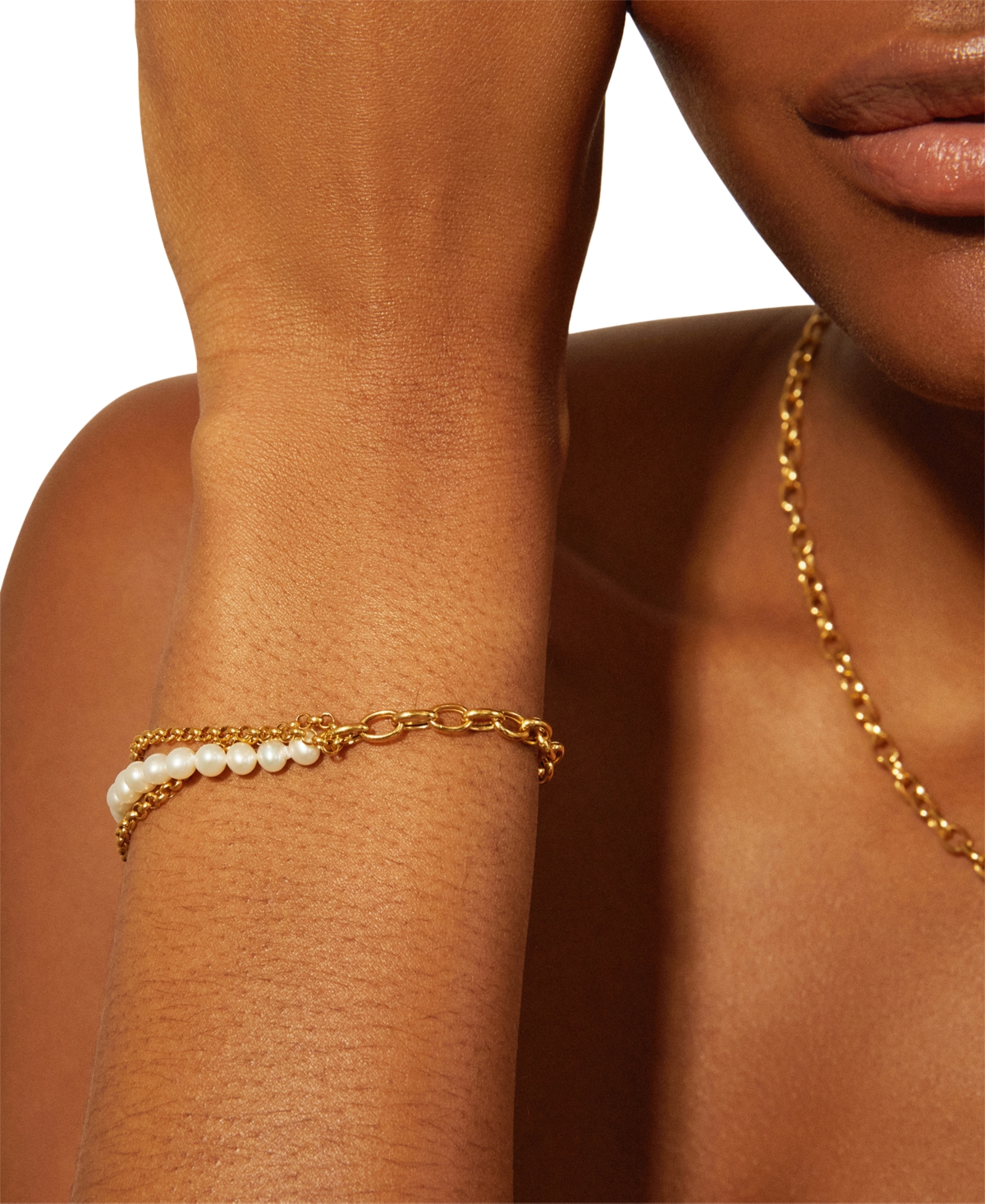 Shop Audrey By Aurate Cultured Freshwater Pearl (5mm) Triple & Single Link Bracelet In Gold Vermeil, Created For Macy's