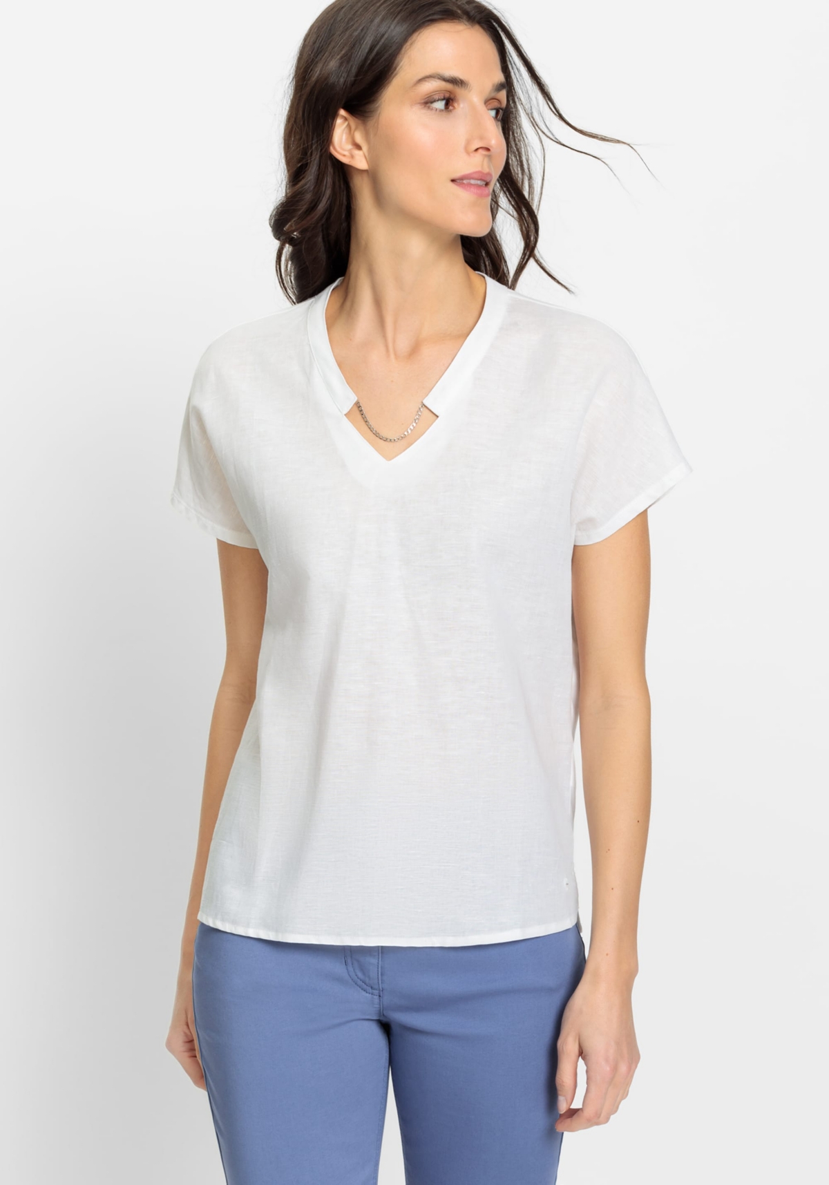 Women's Cotton Linen Short Sleeve Neck Chain Detail Tunic Top - White