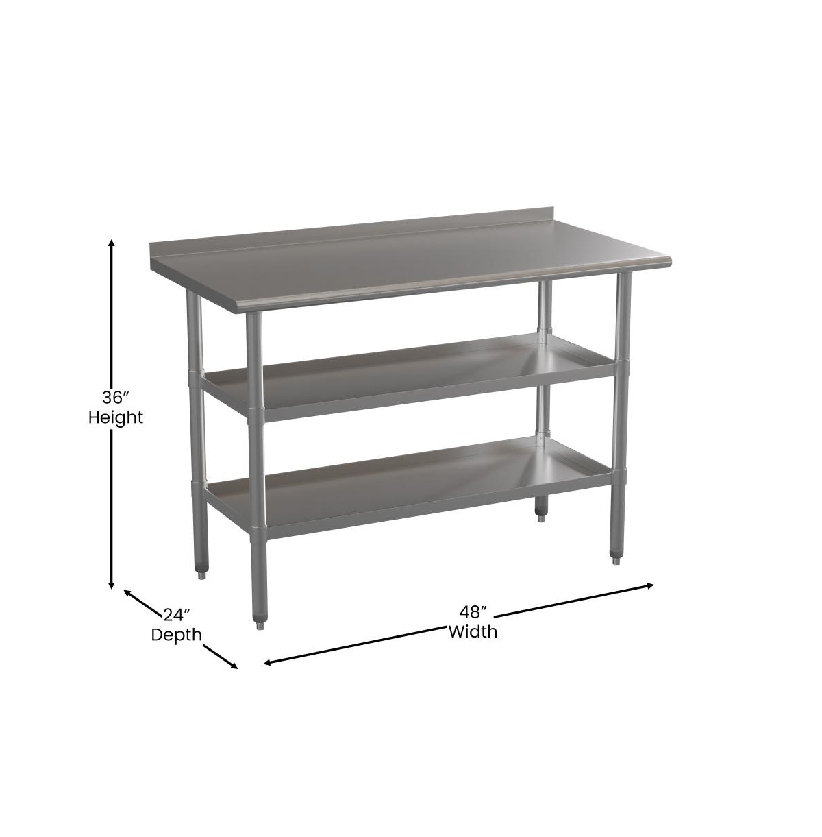 Nsf Certified18 Gauge Work Table With Backsplash And 2 Undershelves - Stainless steel