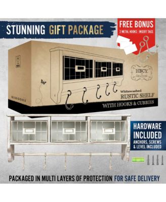 Rustic Coat Rack Wall Mounted Shelf With Hooks & Baskets, Entryway Organizer Wall Shelf With 5 Coat Hooks And Cubbies