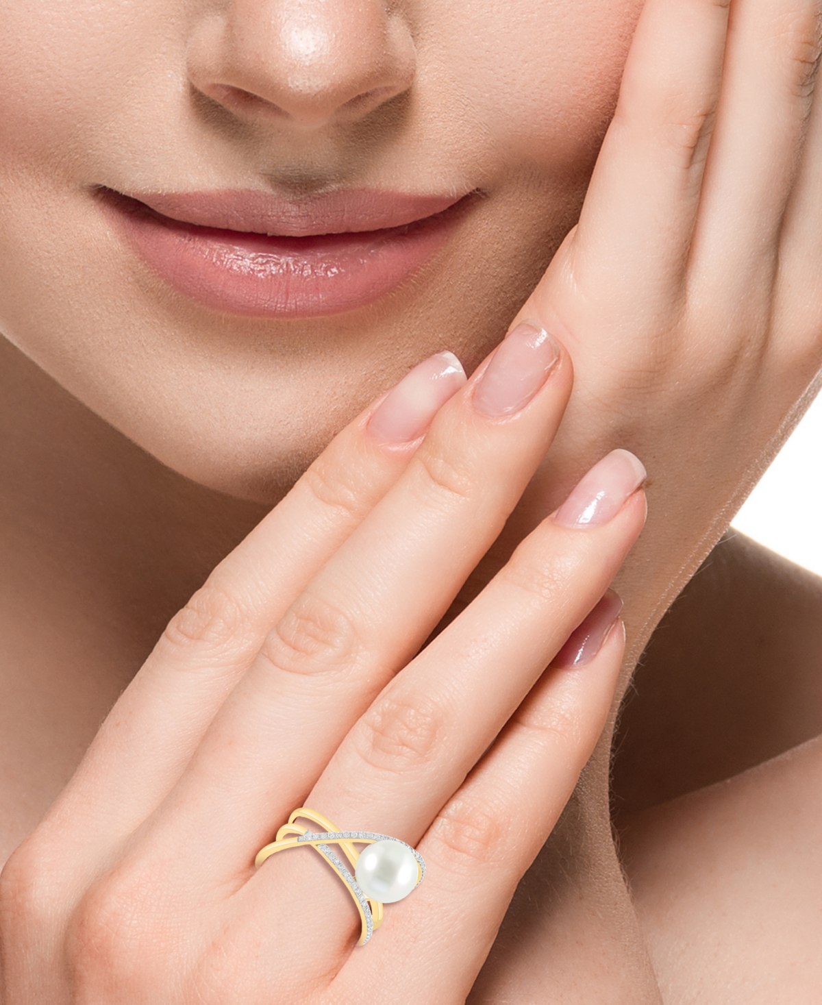Effy Collection Effy Freshwater Pearl (8-1/2mm) & Diamond (1/10 Ct. T.w.) Multirow Crossover Statement Ring In Yellow Gol