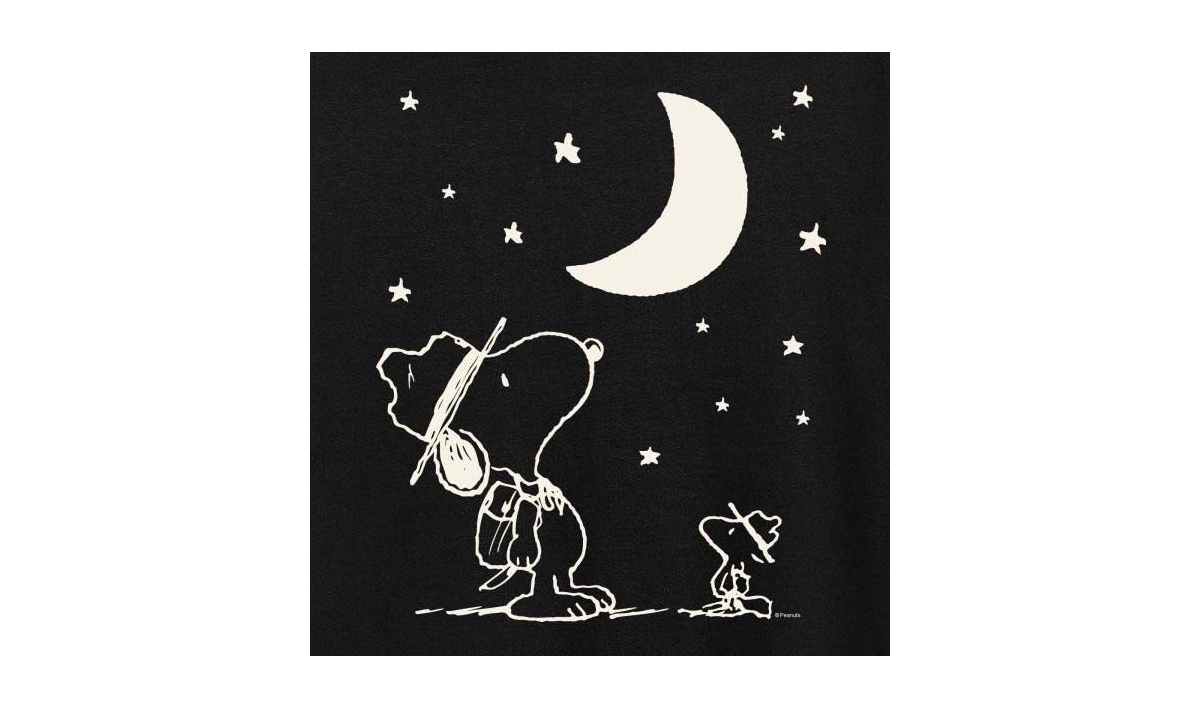 Hybrid Apparel Trendy Plus Size Peanuts Snoopy & Woodstock Moon And Stars Graphic T-shirt In Black