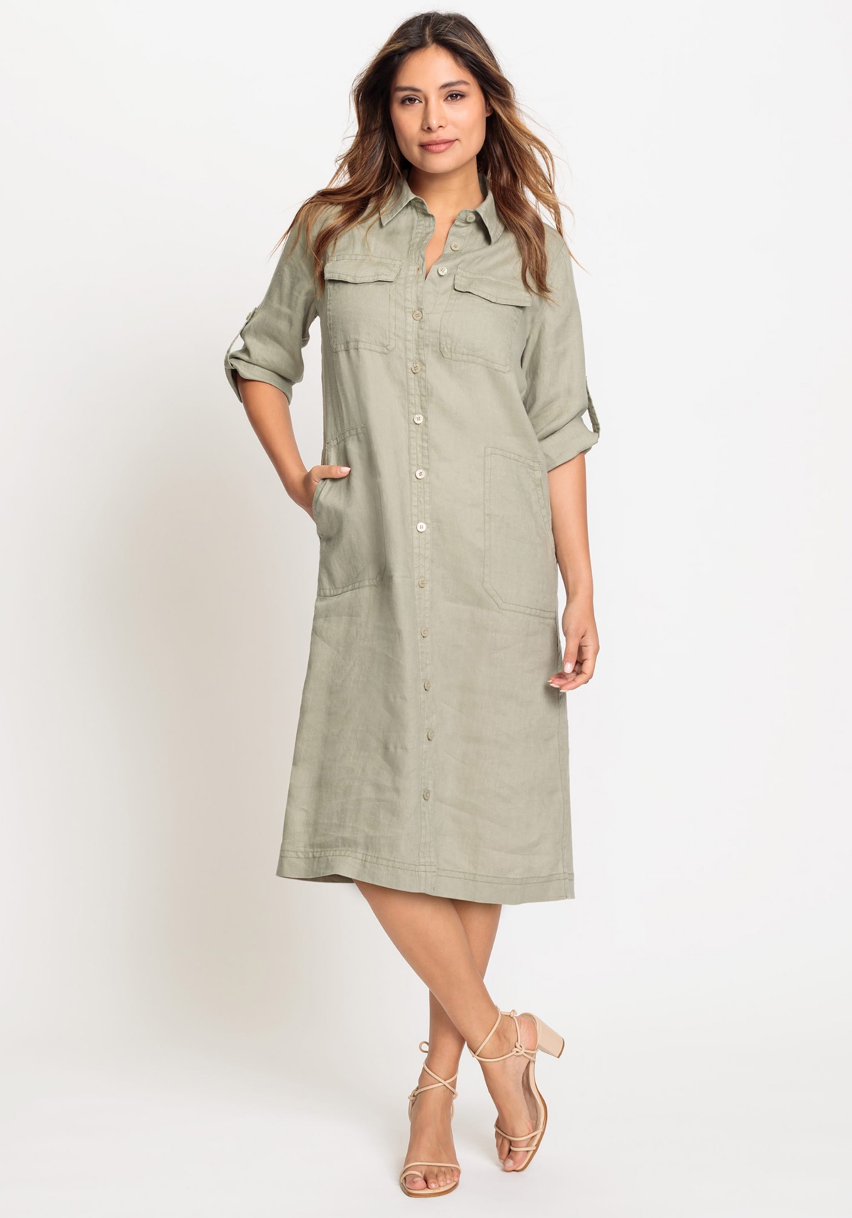 Women's 100% Linen 3/4 Sleeve Dress with Rolled Sleeve Tab Detail - Light khaki