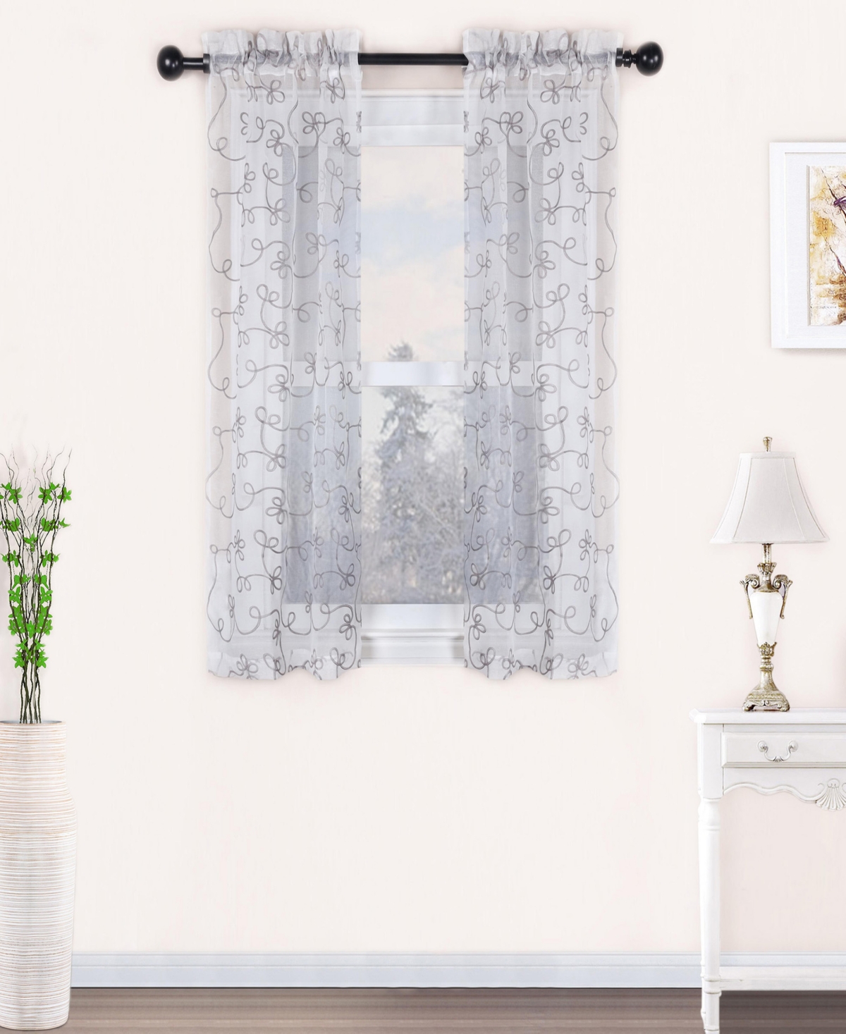 Modern Scroll Sheer 2-Piece Curtains Panel Set with Rod Pocket, 26" X 63" - Grey