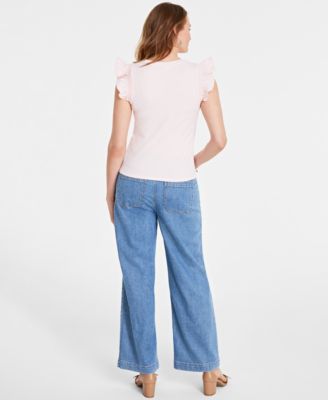 Shop On 34th Womens Ruffle Sleeve Top Patch Pocket Wide Leg Jeans Stackable Bracelets Created For Macys In Two Tone