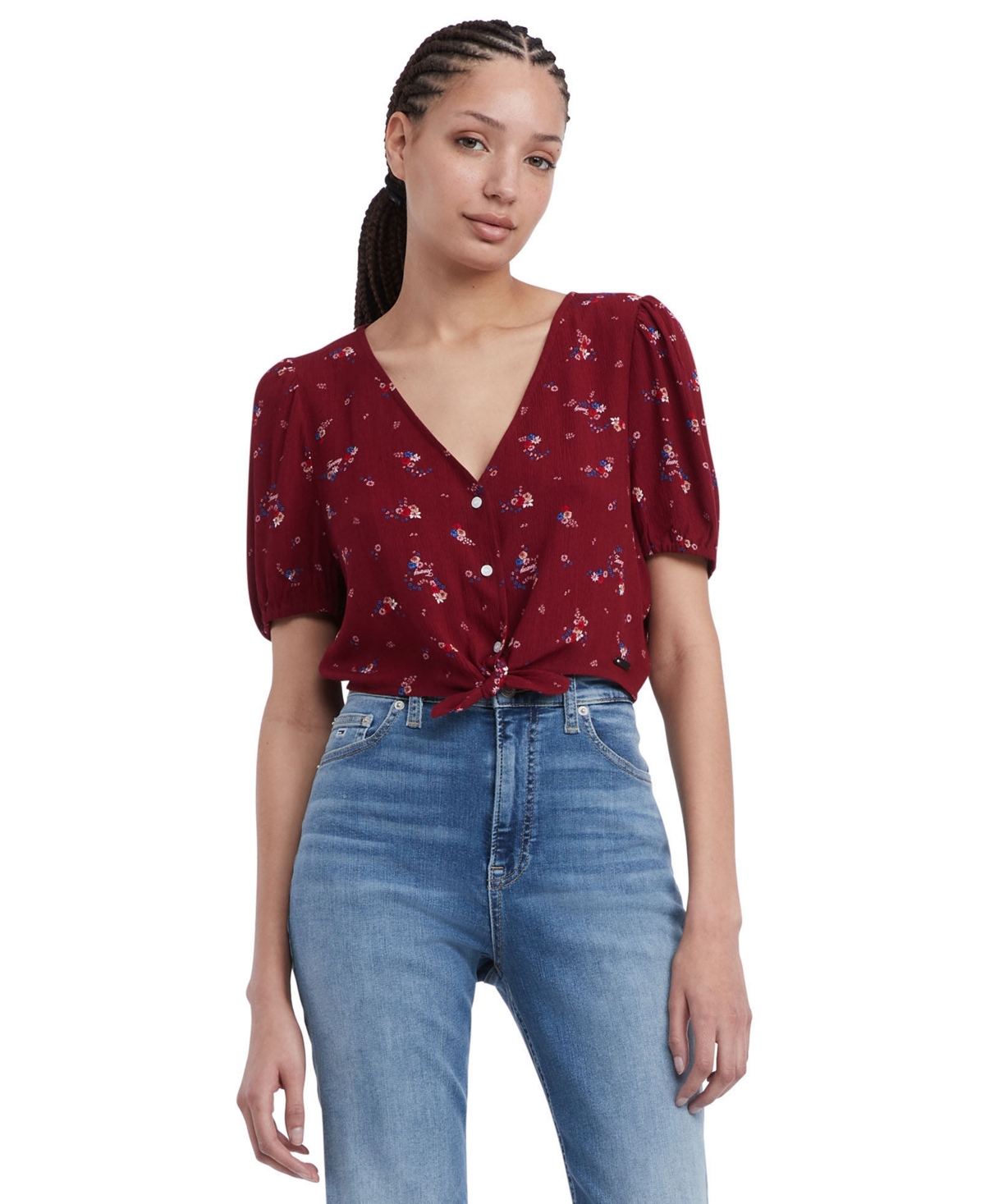 Women's Floral Balloon-Sleeve Tie-Front Blouse - MOUNTAIN FLORAL