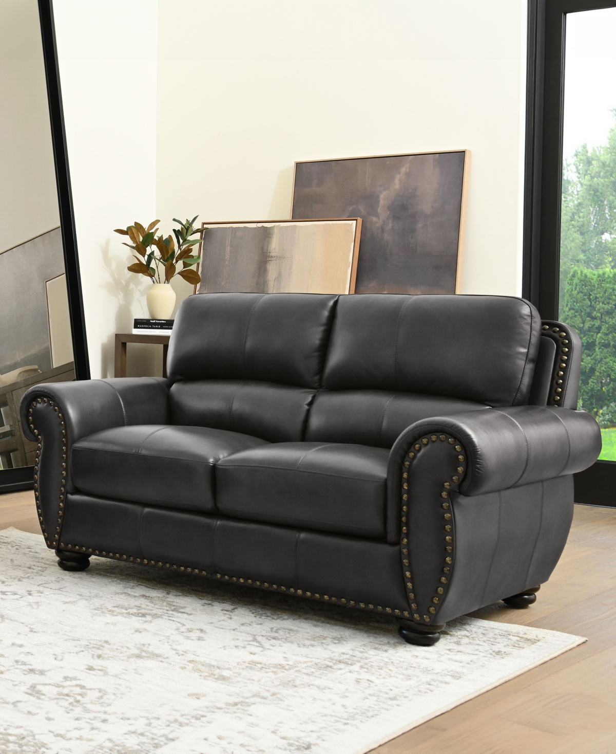 Shop Abbyson Living Arther 64" Leather Traditional Loveseat In Dark Gray