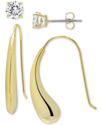 Macy's - 2-Pc. Set Lab Grown White Sapphire (2-1/10 ct. t.w.)Stud & Polished Teardrop Drop Earrings in 14k Gold-Plated Sterling Silver