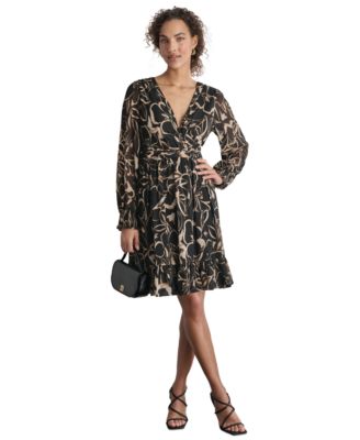 DKNY - Women's Printed Chiffon Long-Sleeve A-Line Dress