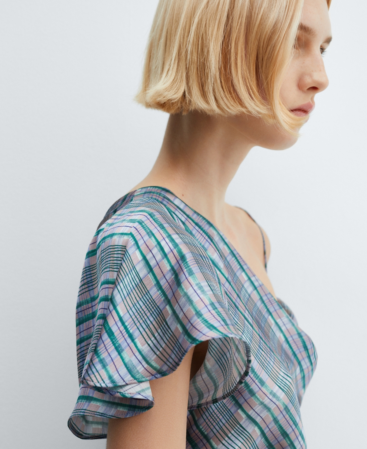 Mango Asymmetric Satin Check Blouse Blue In Medium Blue