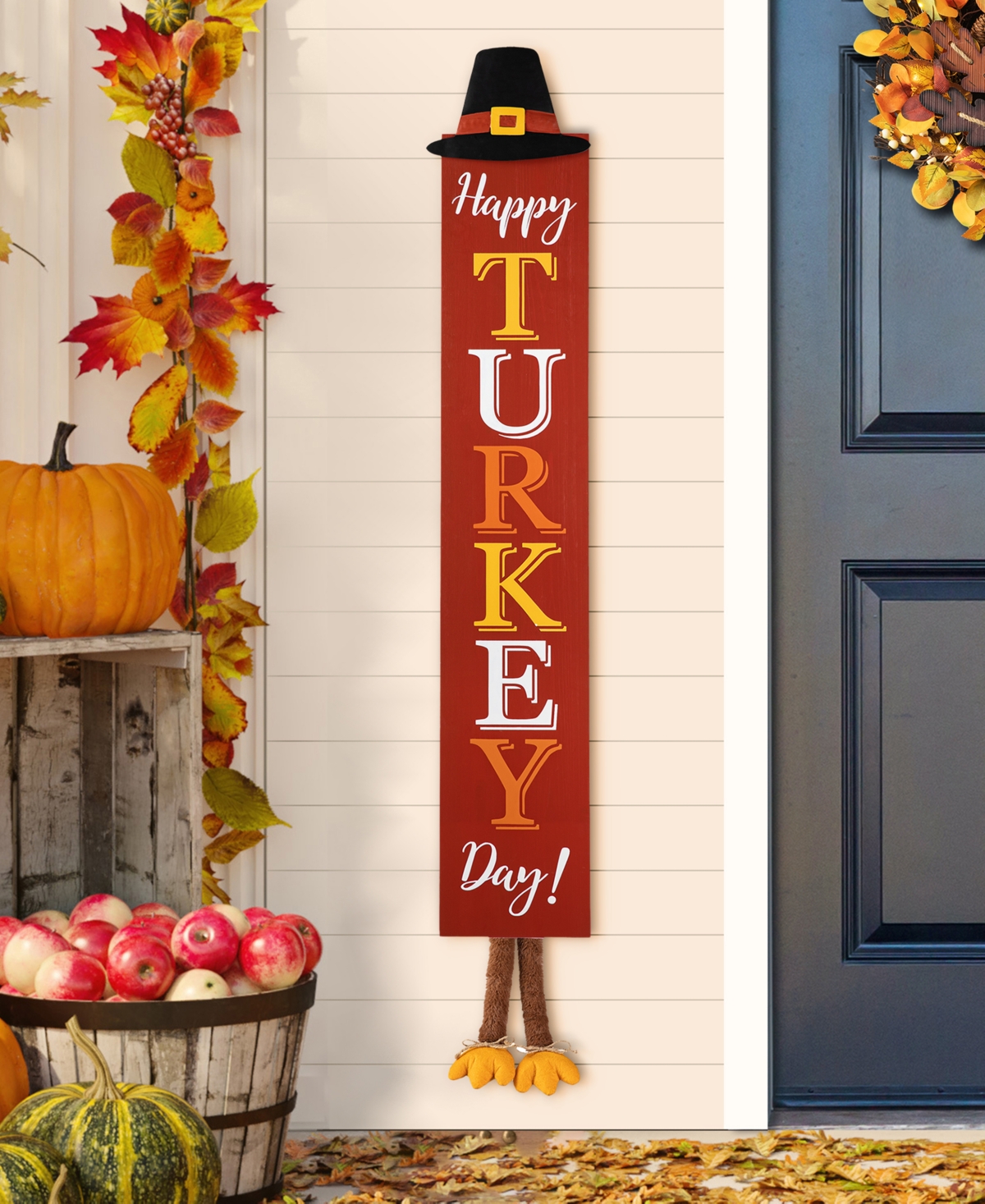 Shop Glitzhome 58.5"h Thanksgiving Wooden "happy Turkey Day" Porch Sign With Fabric Dangling Legs In Multi