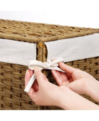 Synthetic Rattan Laundry Hamper with Lid, 2 Sections Removable Liner Bag