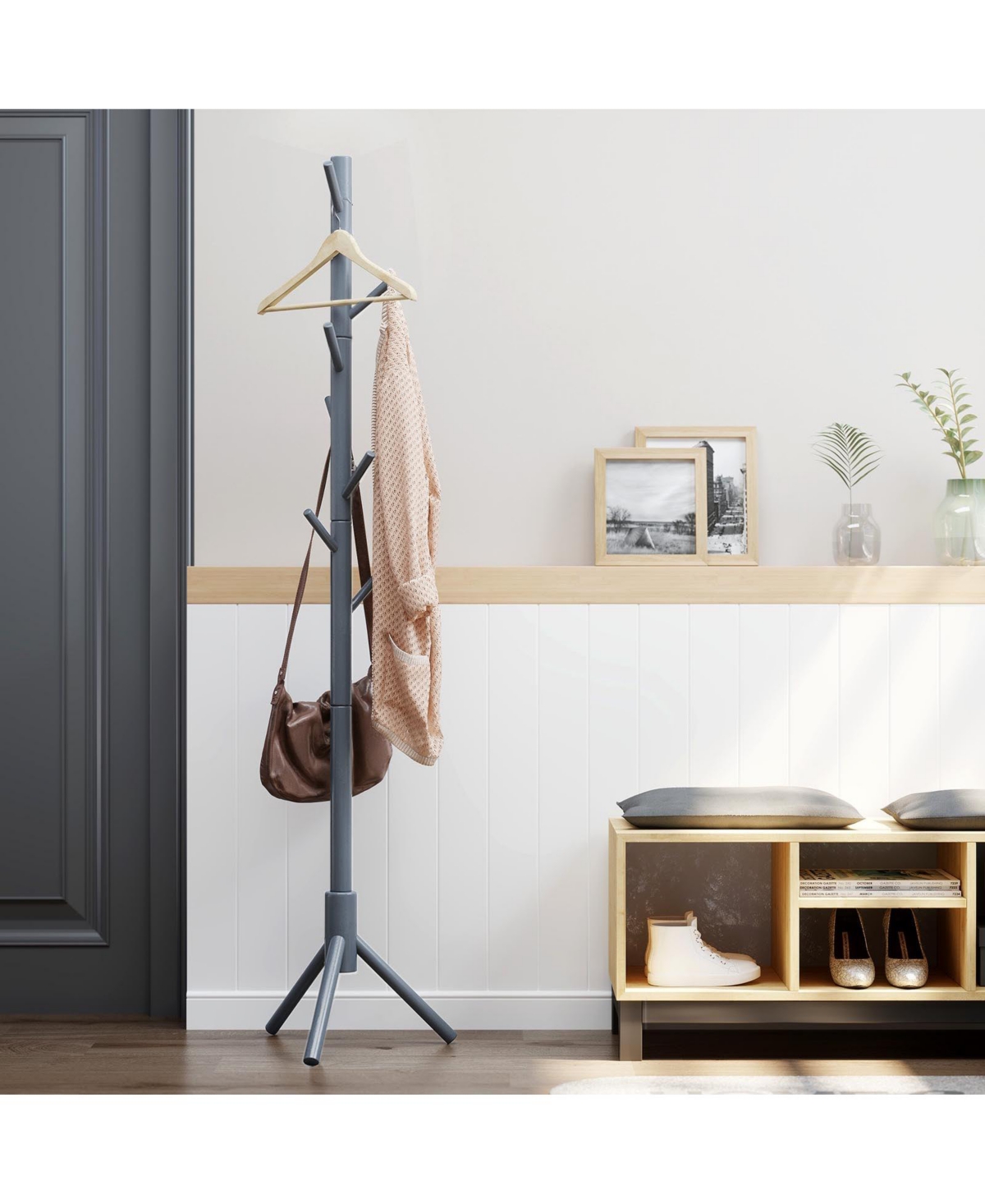 Slickblue Coat Rack With 8 Hooks, Solid Wood Coat Tree Free Standing, For Clothes, Hats, Handbags, Umbrella