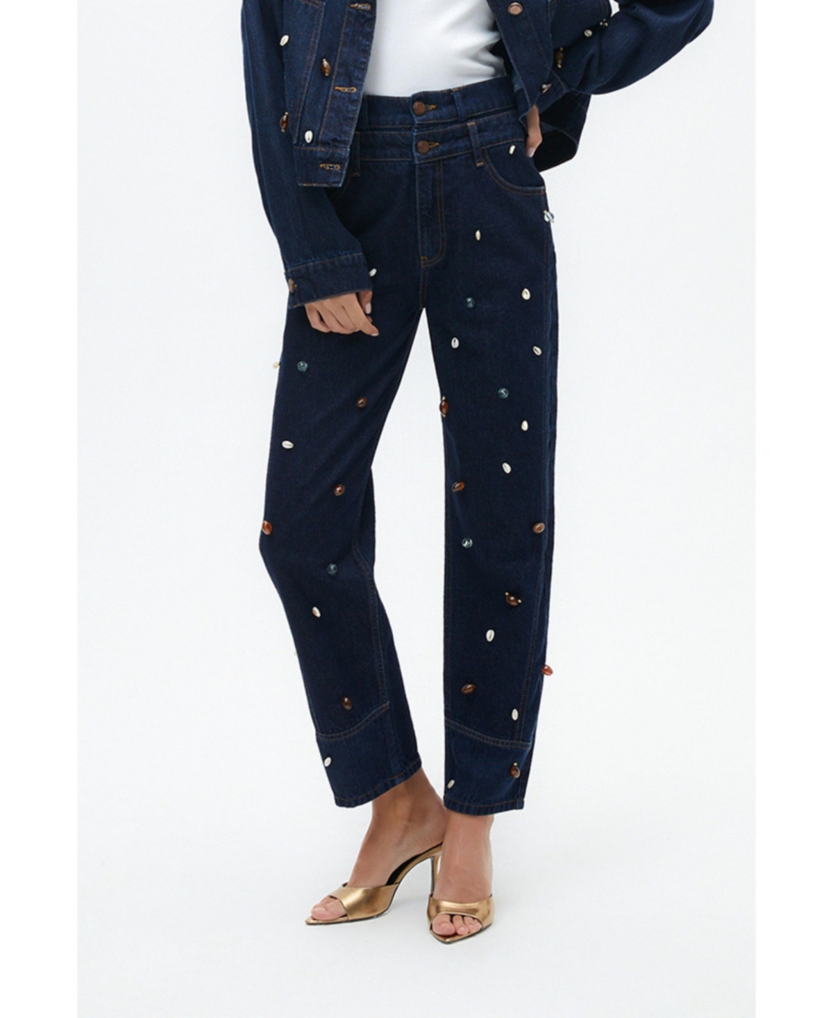 Women's Double Waist Accessory Detailed Jeans - Navy