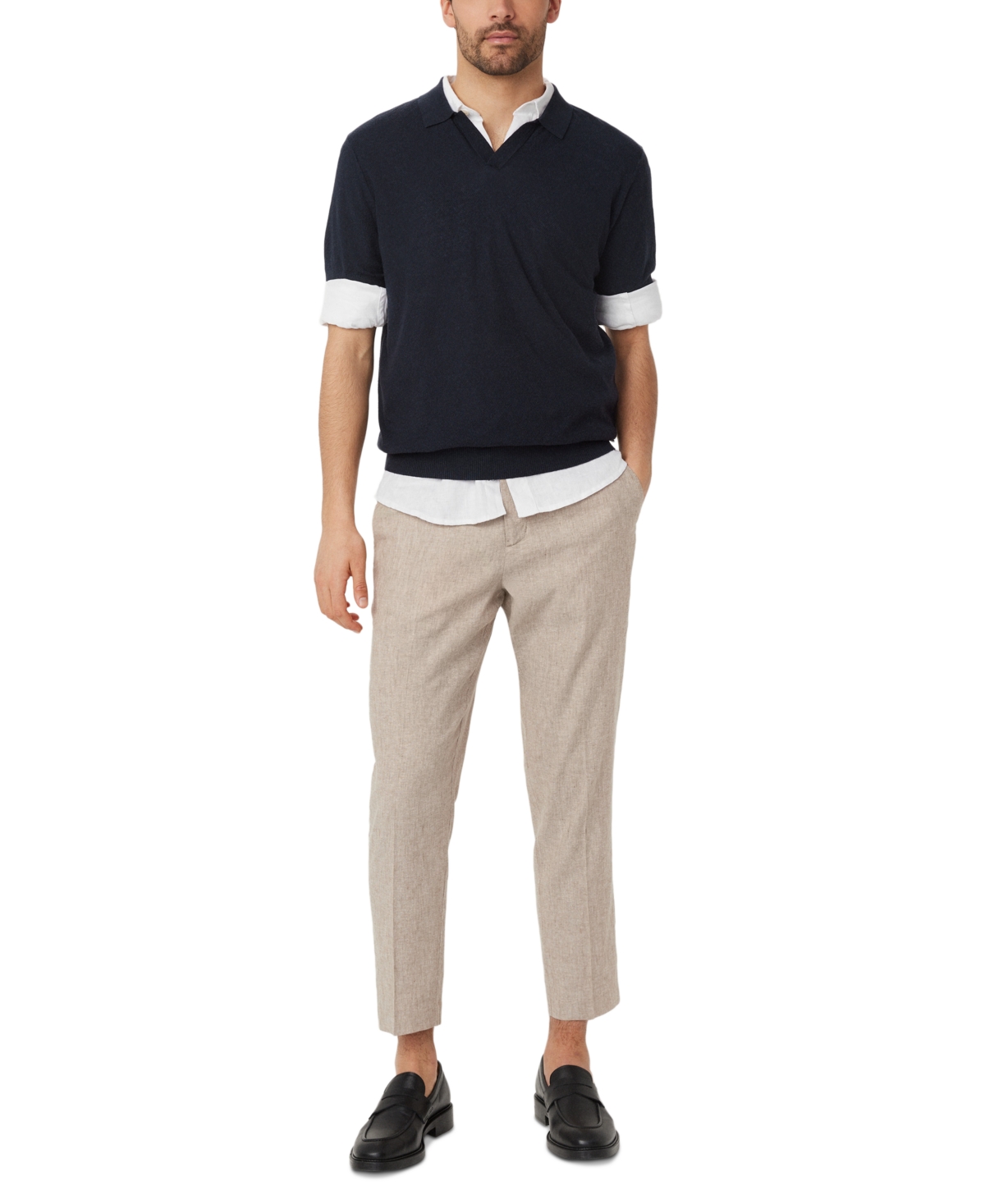 Frank and Oak Men's Slim Fit Short Sleeve Textured Open Collar Polo Sweater