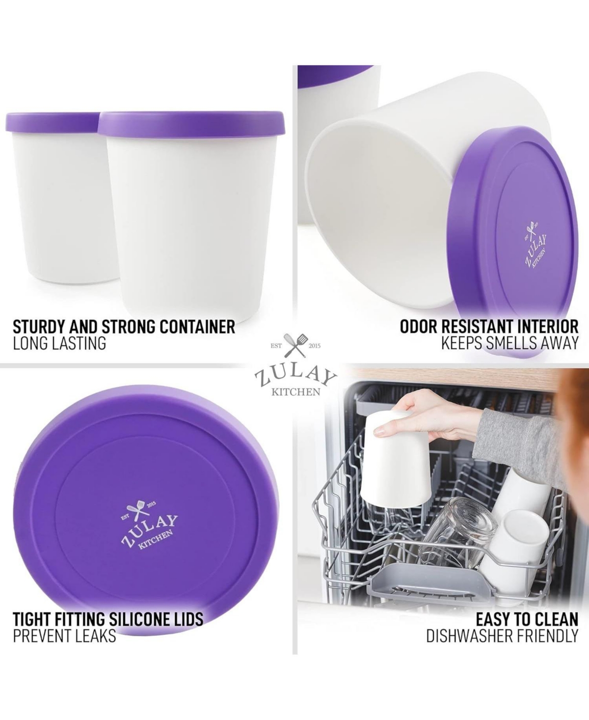 Zulay Kitchen Ice Cream Containers For Homemade Ice Cream - Reusable Ice Cream Pint Container with Lids (2 Pack)